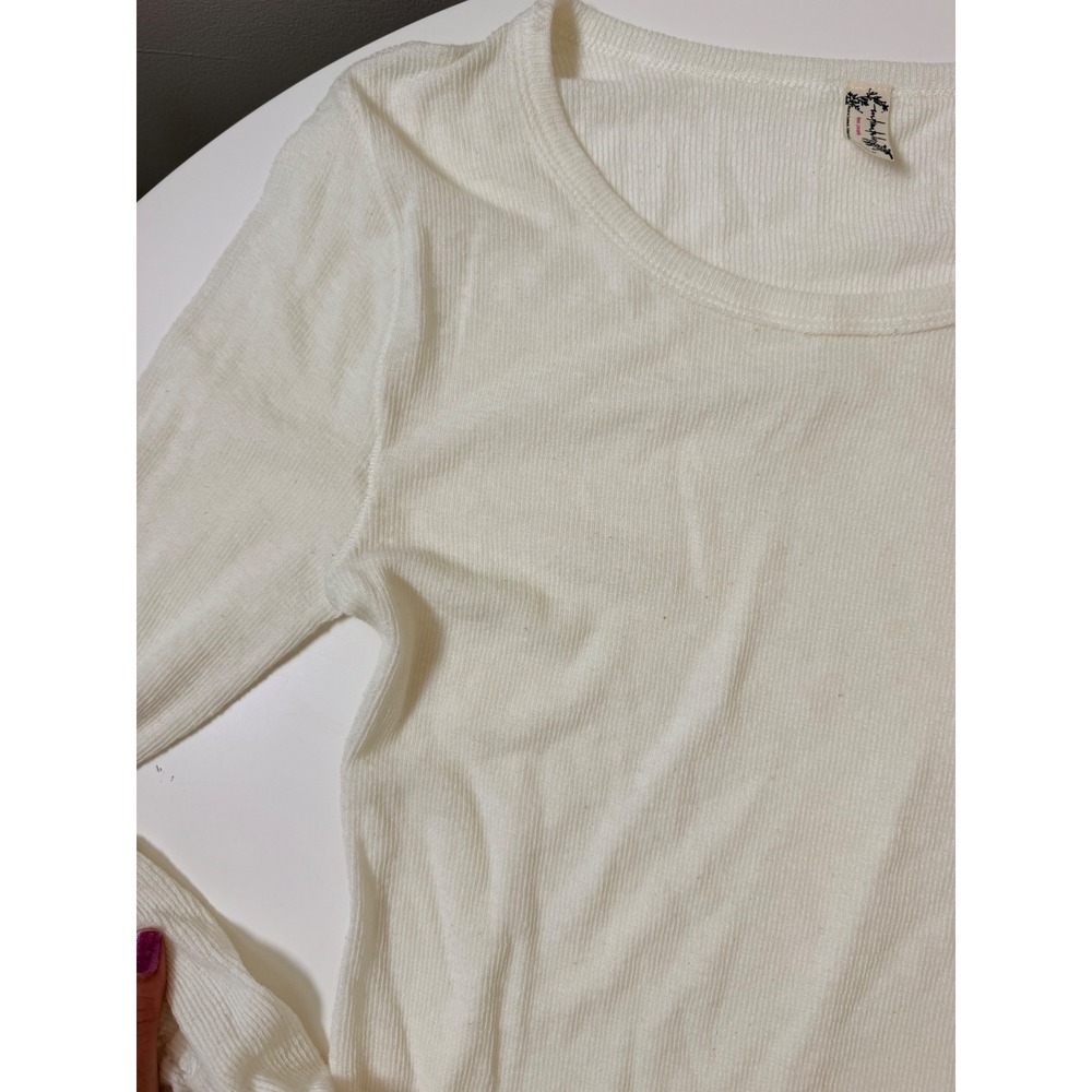 Free People Long Sleeve Top Womens Medium Cream Excellent Ruched Ribbed Knit - Picture 4 of 4